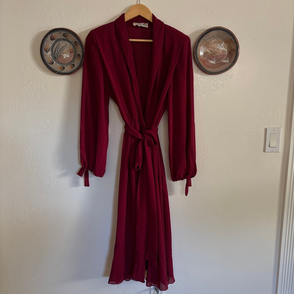 Vintage 70's Burgundy Long Sleeve Wrap Dress with Belt - Miss Elliette